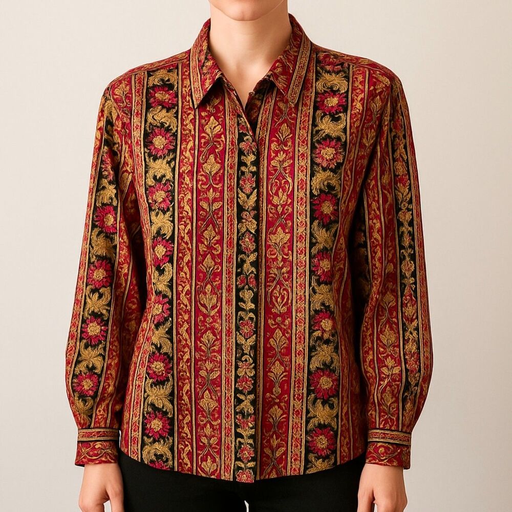 Christie & Jill Vintage Blouse XL Baroque Floral Scroll Print Button Down Shirt